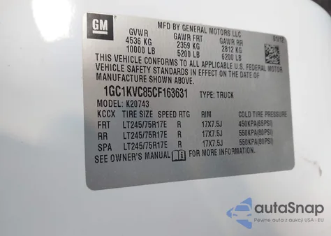 2012 Chevrolet Silverado 2500Hd Work Truck from USA, damaged, VIN 1GC1KVC85CF163631